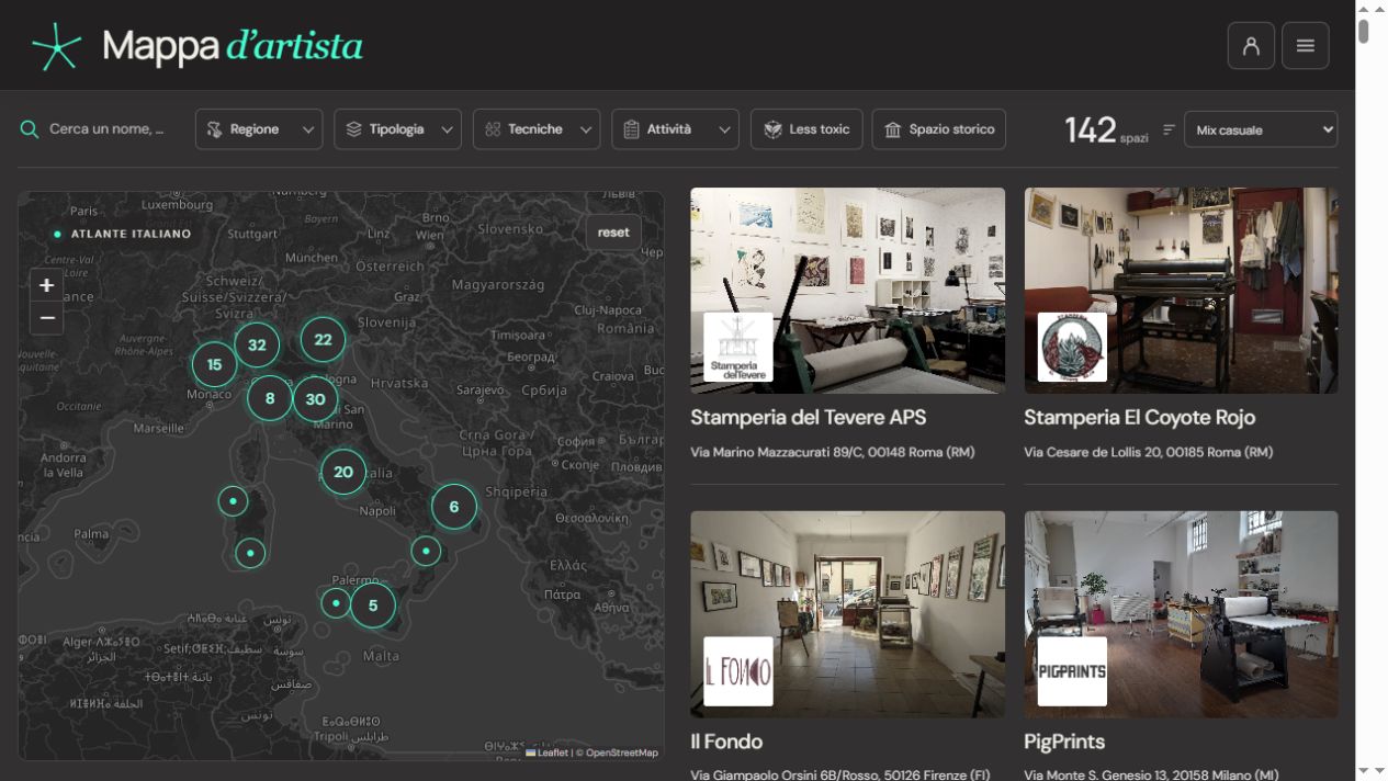 Mappa d’artista: mappa dell’Italia, filtri e schede degli spazi dedicati alla grafica d’arte